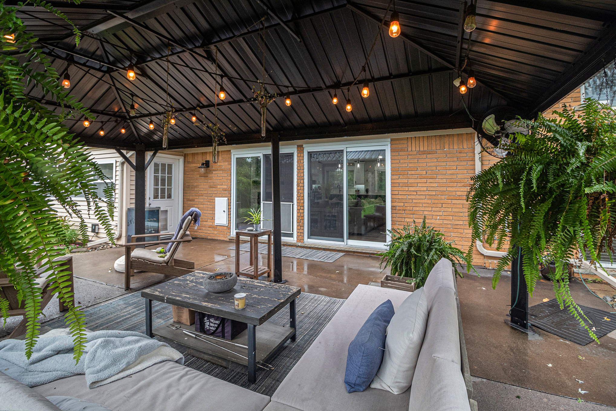Covered patio with string lights