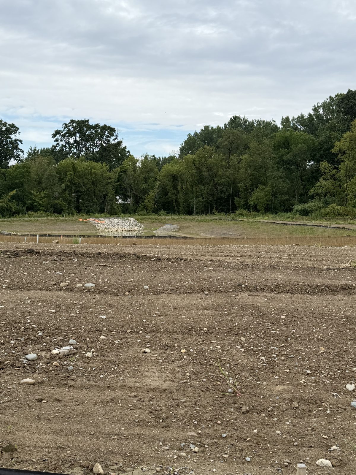 A cleared residential lot prepared for new construction in the South Lyon area, with graded soil, a silt fence, and a tree line beyond.