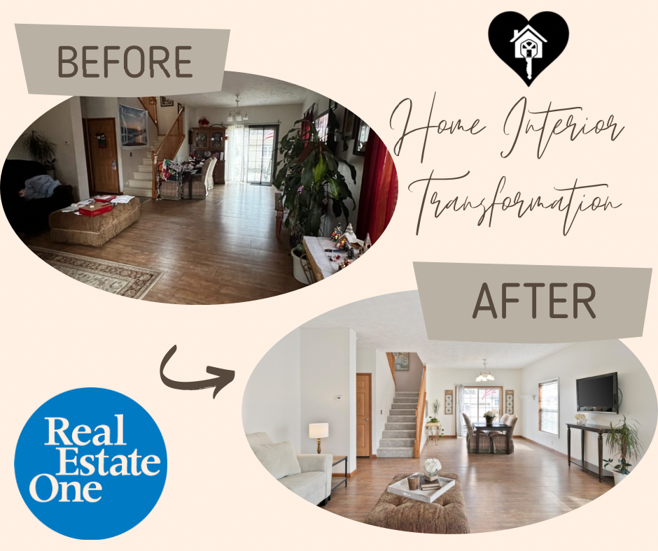 Before and after home interior transformation graphic — cluttered living space rearranged and refreshed into a bright, welcoming room